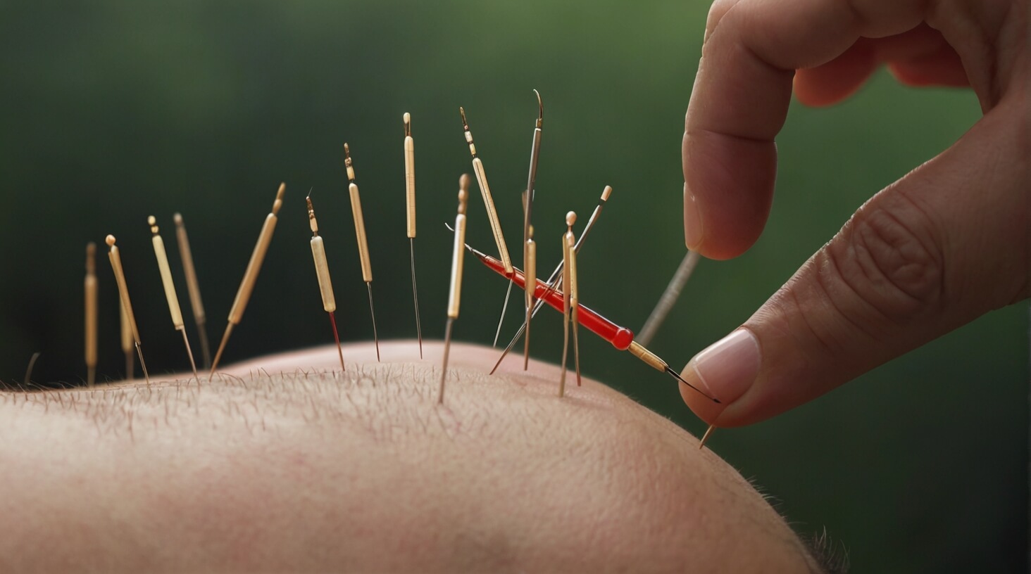 Acupuncture treatment being administered with focus and precision, emphasizing efficacy and wellness.