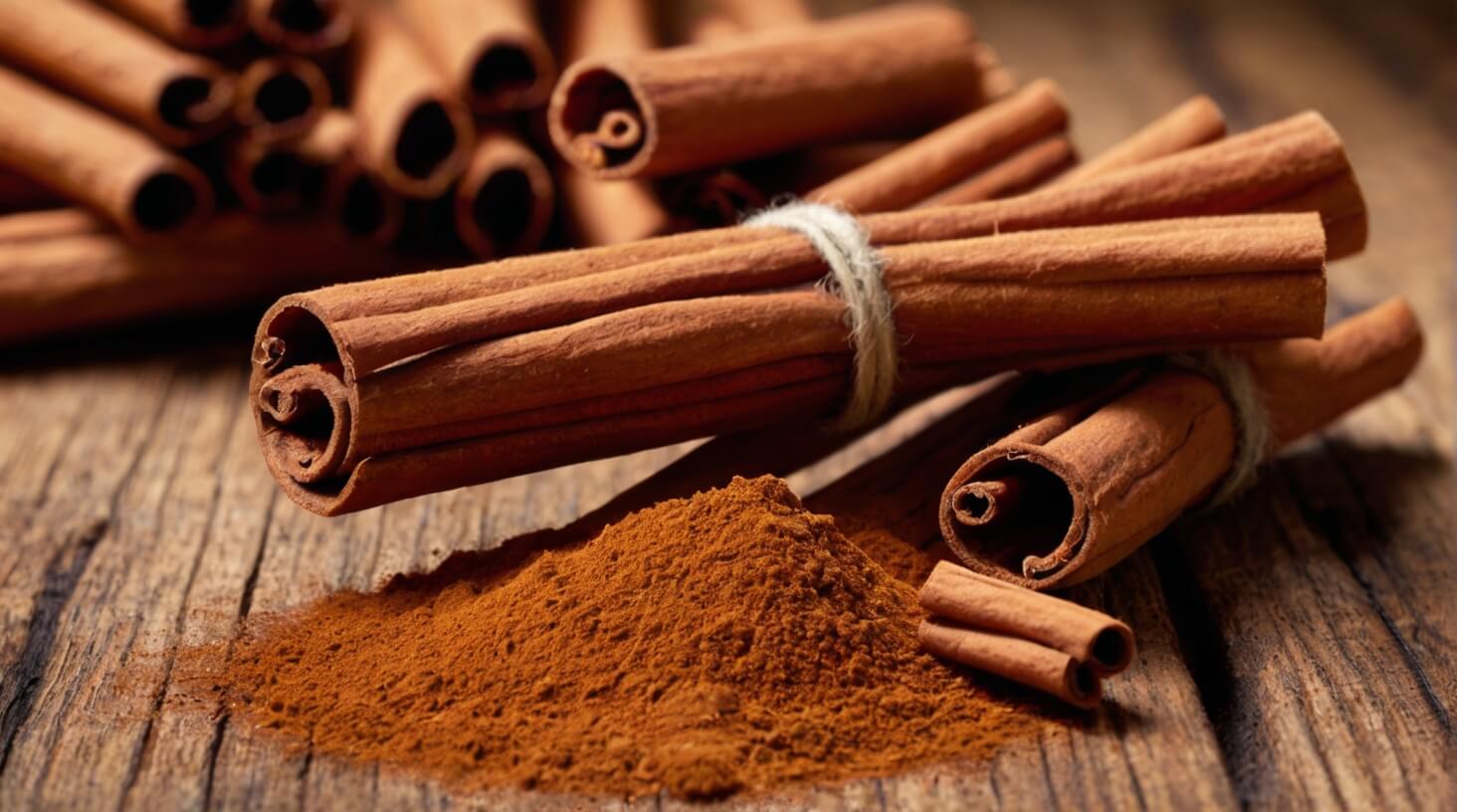 A pile of cinnamon sticks and a jar of cinnamon powder, showcasing the benefits of cinnamon supplements for health and wellness.