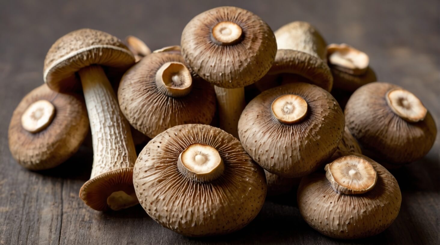 A close-up image of fresh shiitake mushrooms arranged on a wooden surface, showcasing the benefits of incorporating shiitake mushrooms into your diet for improved health and culinary enjoyment.