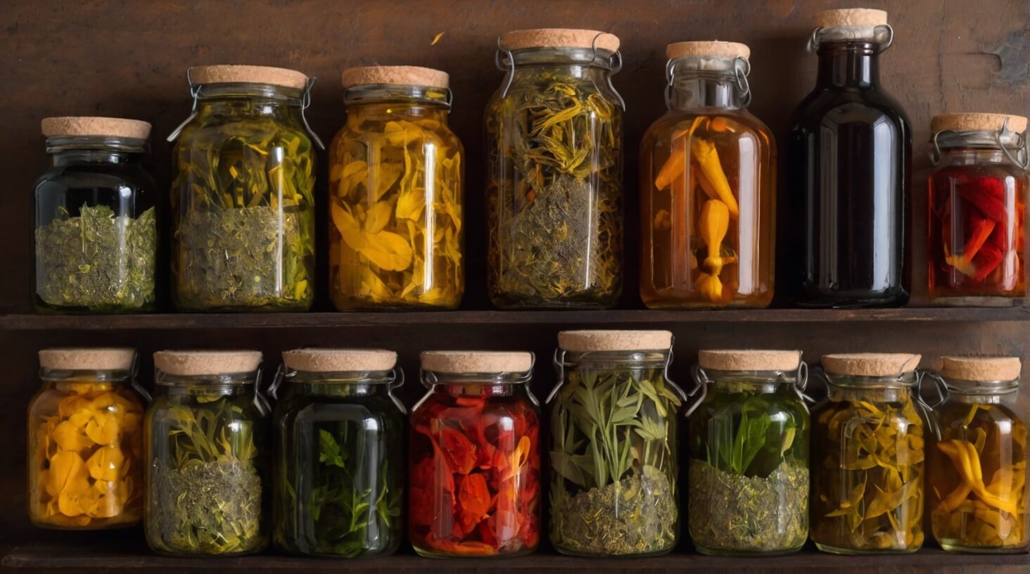 An assortment of herbal tonics displayed on a wooden table with fresh herbs in the background.