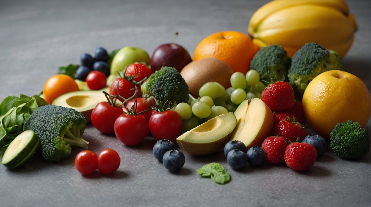 Image depicting various fruits, vegetables, and grains arranged in a balanced diet composition, symbolizing the importance of diet and nutrition for health and well-being.