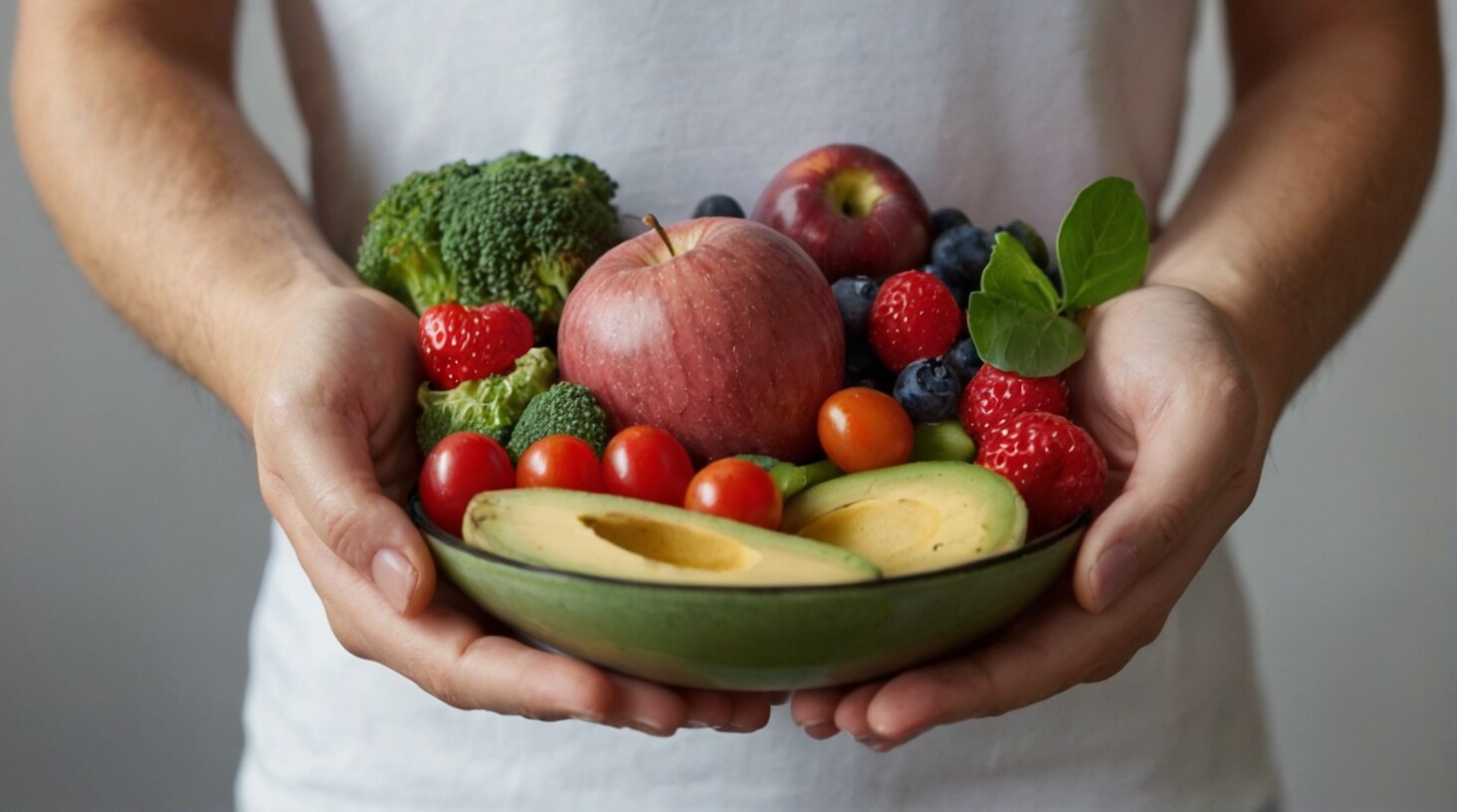 A plate filled with colorful fruits, vegetables, and grains, symbolizing diet and nutrition for gut health.