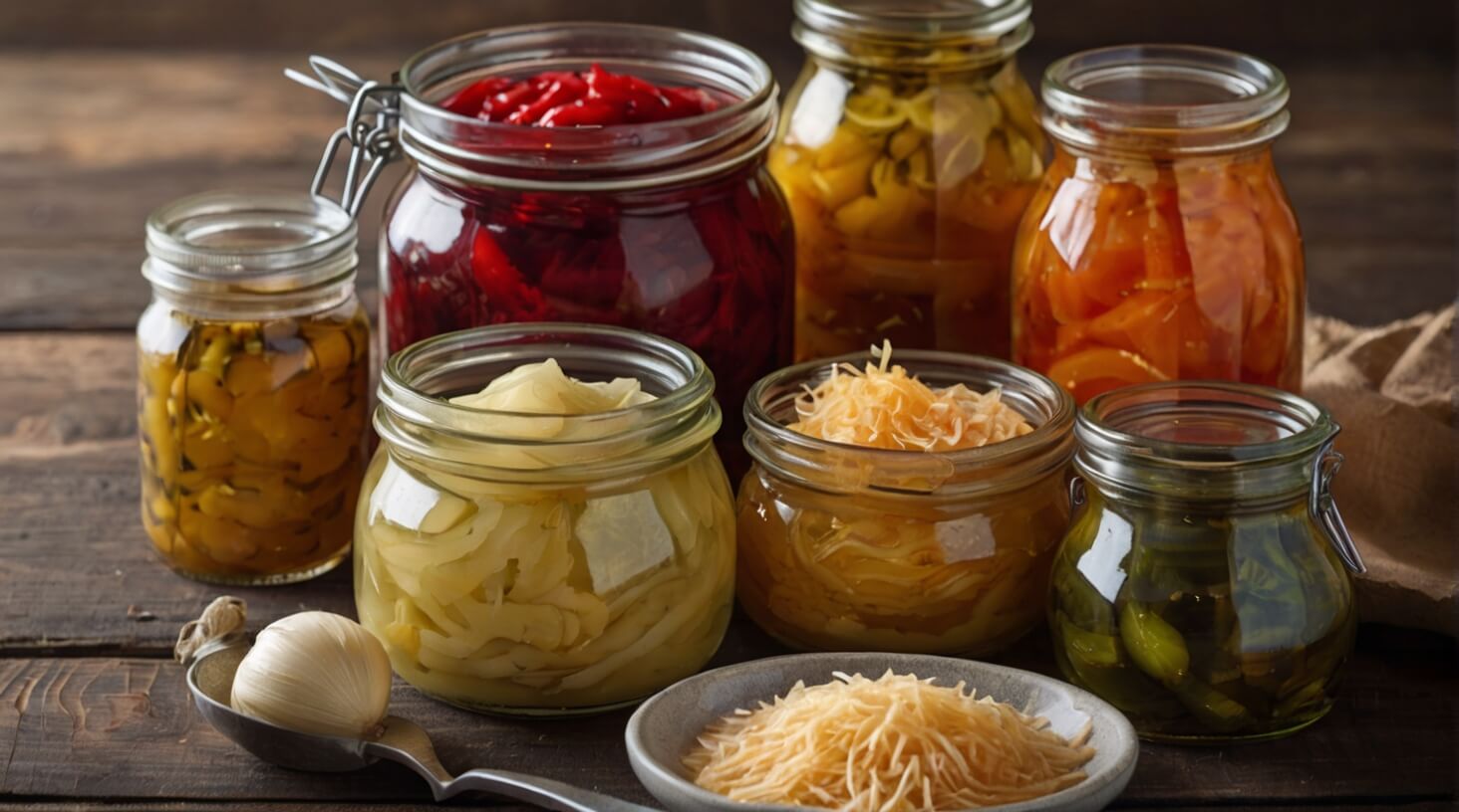 A variety of fermented foods including kimchi, sauerkraut, kombucha, and yogurt, symbolizing the diverse range of probiotic-rich options for gut health and overall well-being.