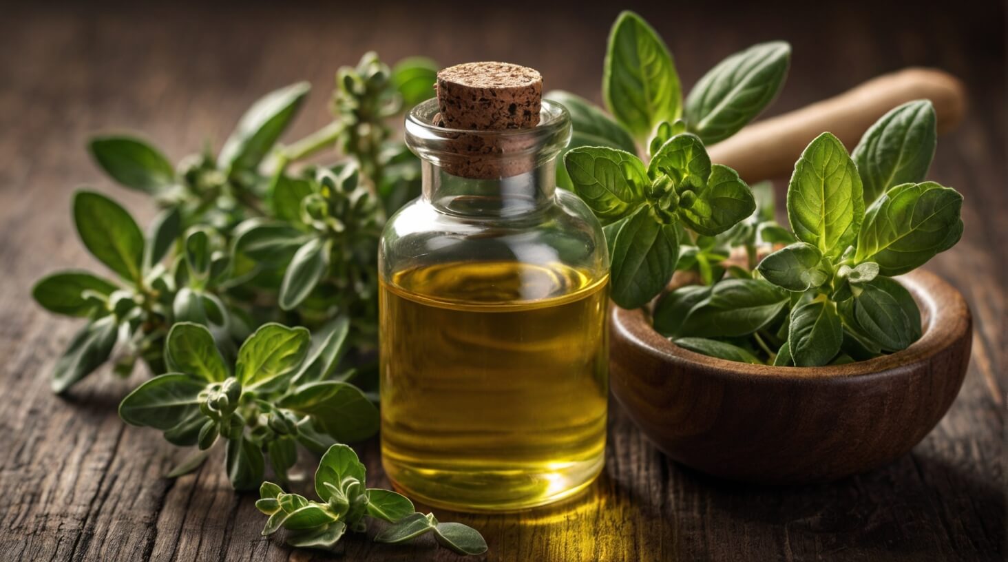 A bottle of oregano oil surrounded by fresh oregano leaves, representing the rich history of oregano oil use.