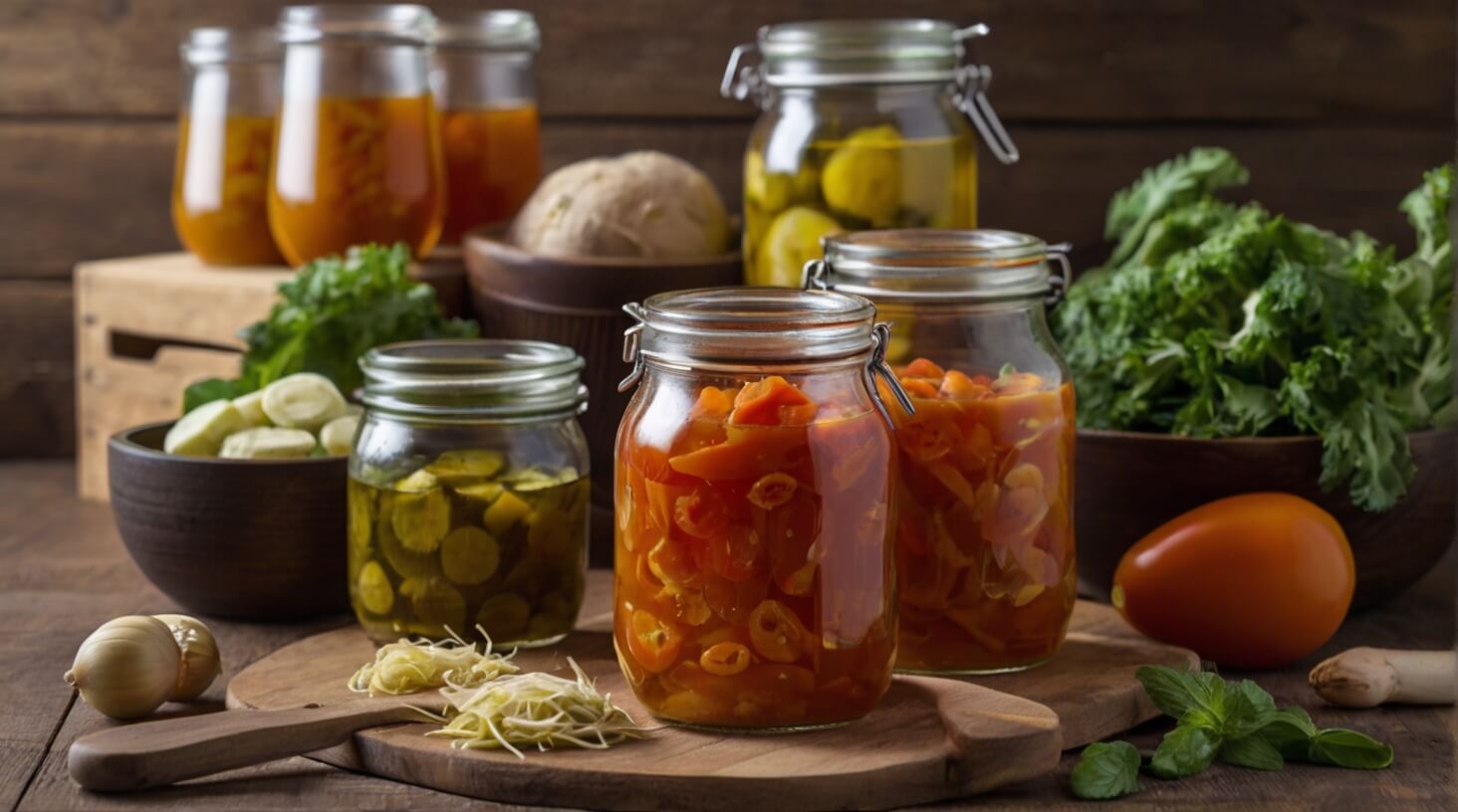 A variety of fermented foods including kimchi, sauerkraut, and kombucha arranged on a wooden table, representing ways to incorporate fermented foods into your diet for improved health and wellness.