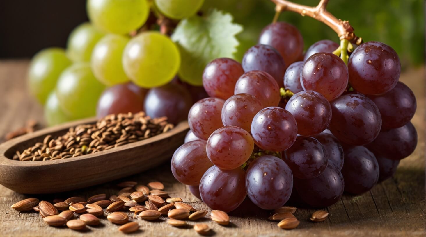  close-up image of a hand holding a bottle of grape seed extract capsules with a background of fresh grapes and green leaves, illustrating the process of taking grape seed extract for health benefits.