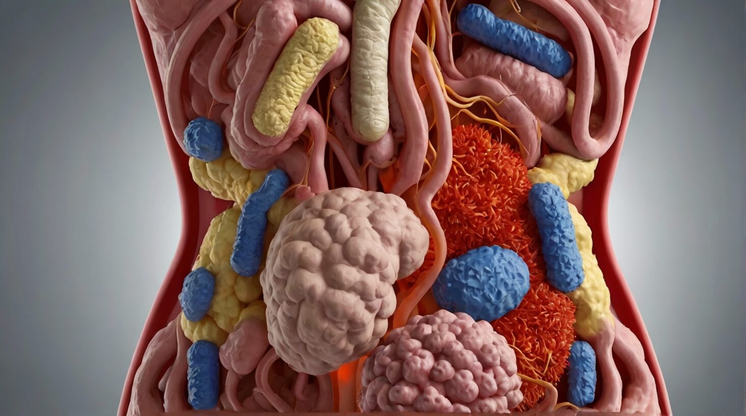 Abstract image depicting a scientific concept of inflammatory markers interacting with gut flora