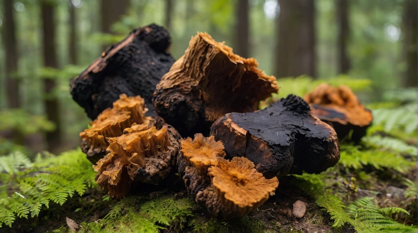 Close-up photo of Chaga mushrooms growing on a tree trunk, showcasing their unique shape and texture. 