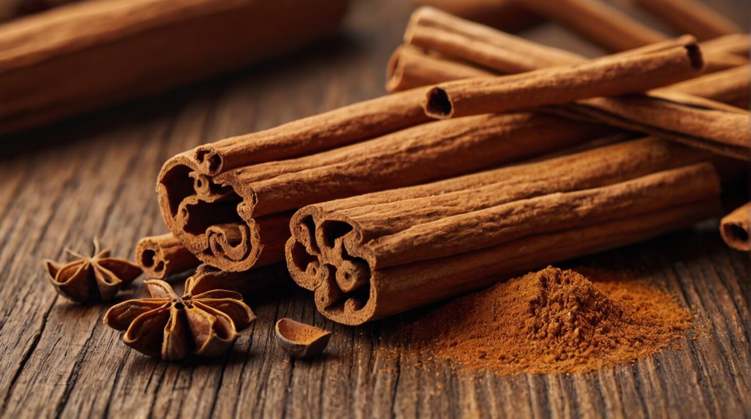 Close-up image of a pile of cinnamon sticks, showcasing the warm color and texture