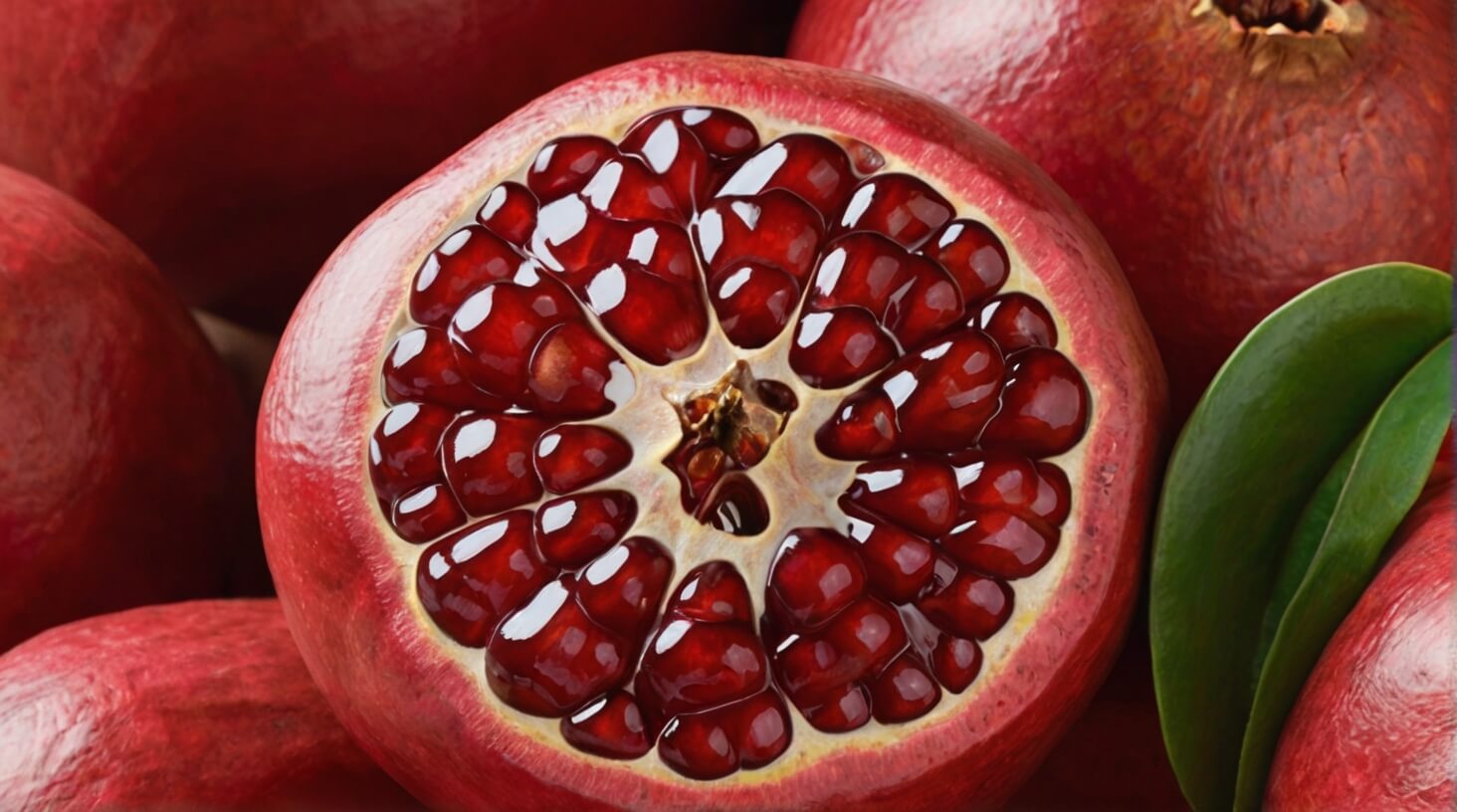 Close-up of vibrant pomegranate seeds surrounded by lush green leaves, symbolizing the health benefits and natural goodness of pomegranate extract.