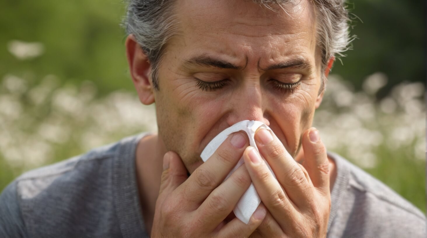 Close-up image of a person sneezing due to allergies