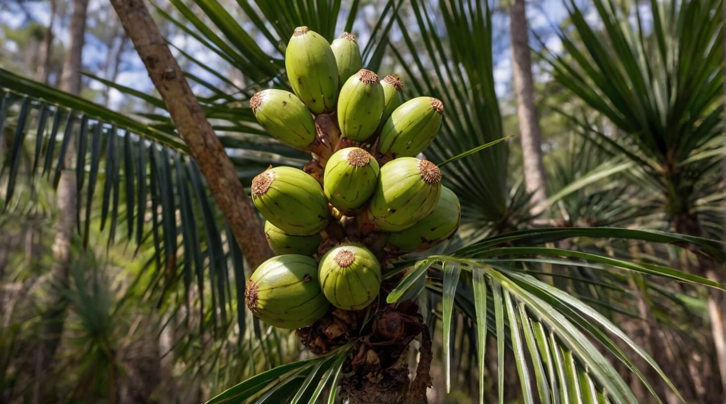 A cluster of saw palmetto berries on a palm frond against a natural green background