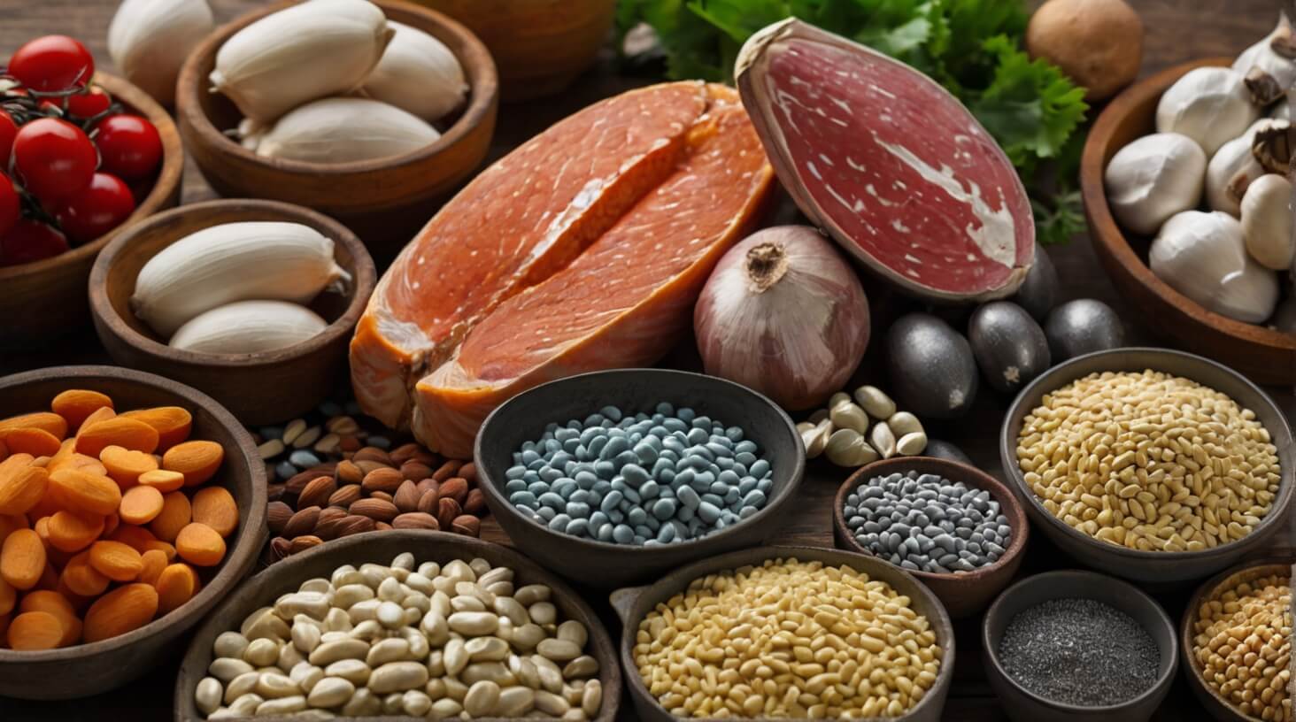 Image showing a variety of zinc-rich foods, including nuts, seeds, legumes, and lean meats, to promote optimal health and wellness.