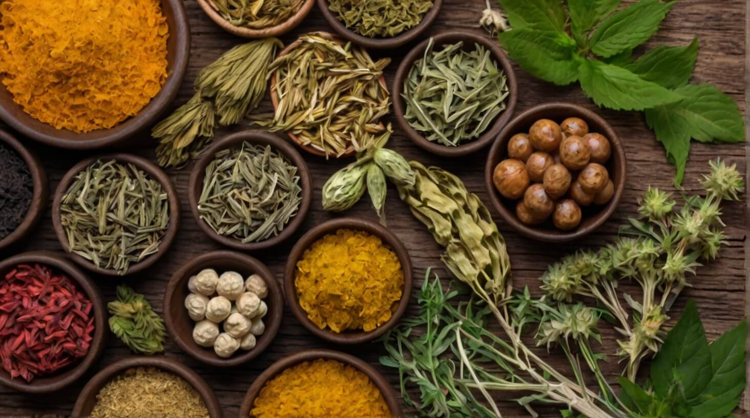 A collection of various herbs and bottles arranged neatly on a wooden table, representing the concept of advanced herbal prescriptions