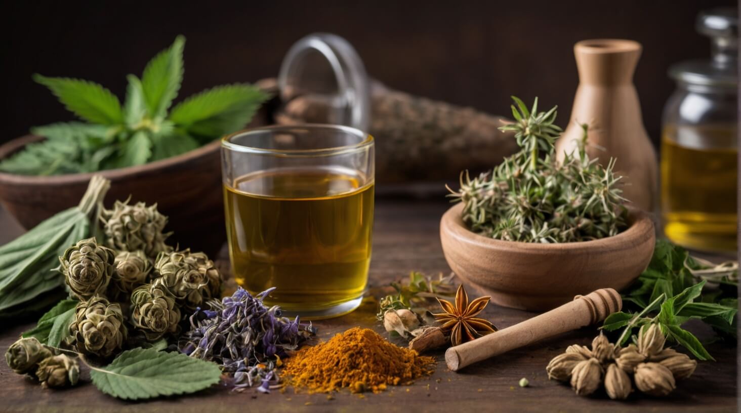 A collection of various herbs and spices arranged neatly on a wooden surface, with steam rising from a cup filled with herbal brew.