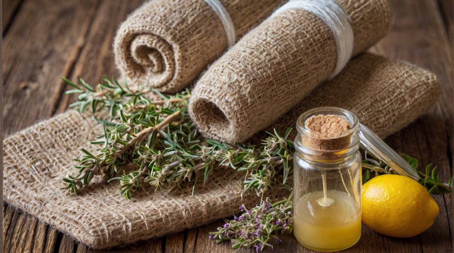 A selection of natural ingredients such as herbs, fruits, and essential oils laid out on a wooden surface, with mortar and pestle nearby, symbolizing DIY recipes for respiratory relief.