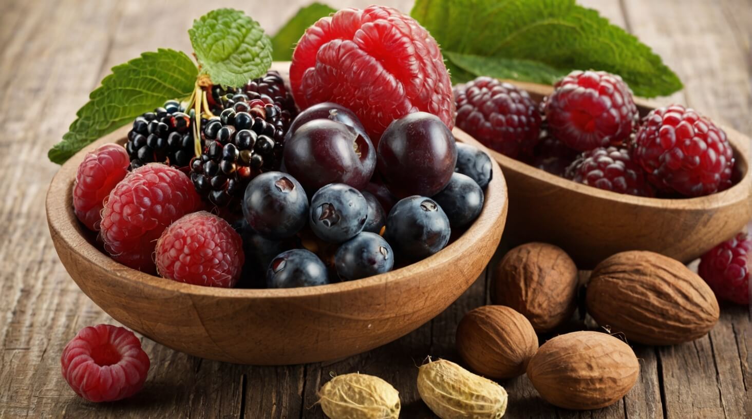 Assorted fruits, vegetables, nuts, and seeds, representing dietary sources of antioxidants.