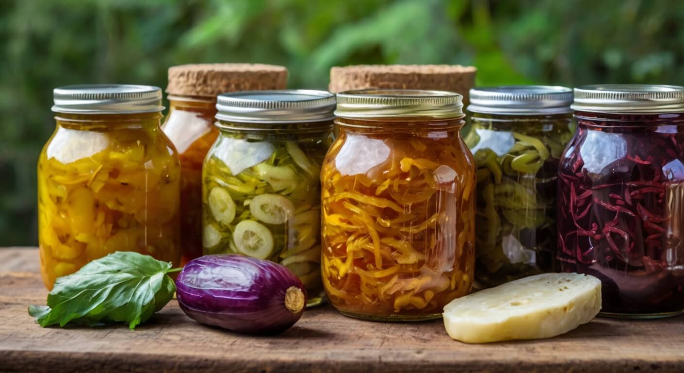 A variety of colorful fermented foods including kimchi, sauerkraut, kombucha, and yogurt, showcasing the benefits of incorporating fermented foods into one's diet for improved gut health and overall well-being.