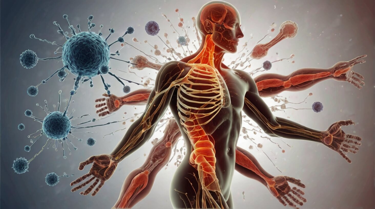 Image depicting various immune response and stress management techniques to enhance well-being.