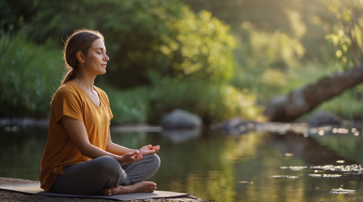 A person sitting cross-legged in meditation, surrounded by serene nature, embodying the concept of 'Implementing Daily Mindfulness.