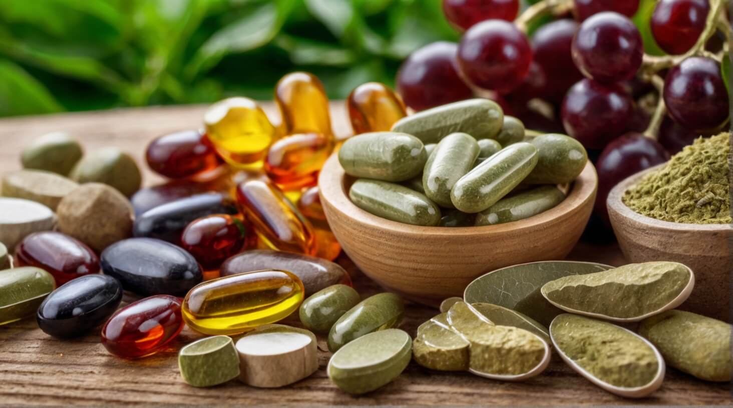 A variety of vitamins and minerals arranged in a vibrant display, emphasizing health and wellness.