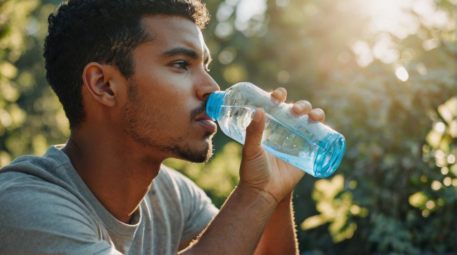 A person holding a water bottle, drinking water, with a refreshing background.