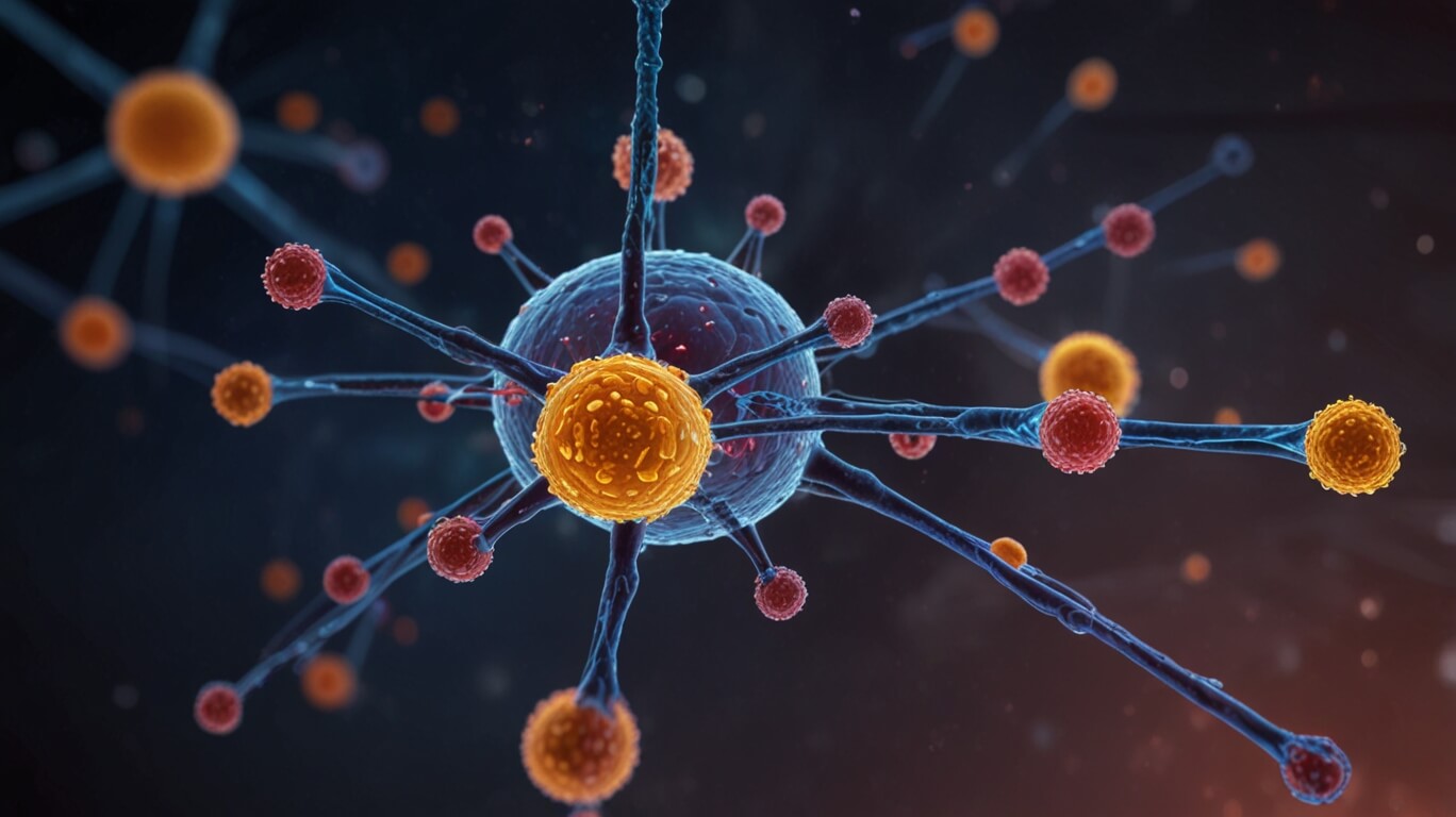 Diagram illustrating an overview of the immune system, highlighting key components such as white blood cells, antibodies, lymph nodes, and the spleen, with arrows depicting the interactions and functions that help protect the body against infections and diseases.