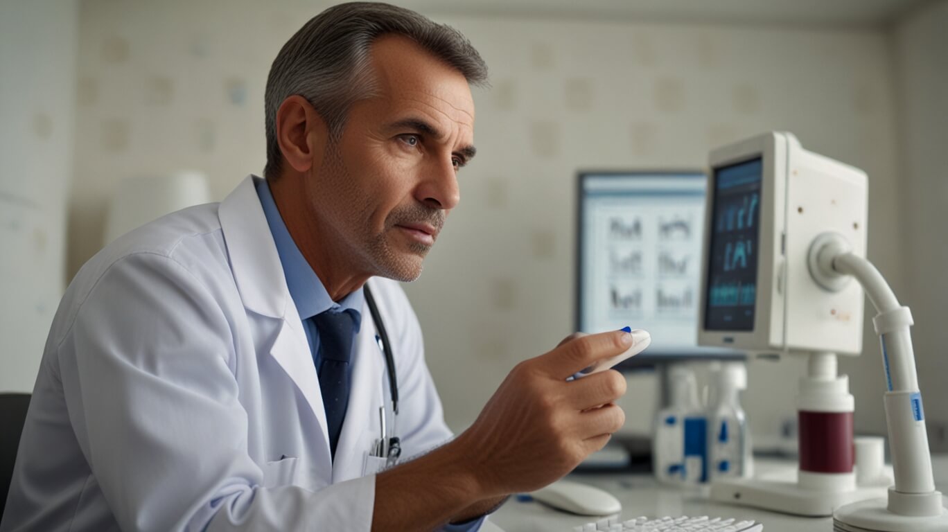 Graphic illustrating a doctor examining a patient with a magnifying glass, symbolizing the careful monitoring for potential side effects. 