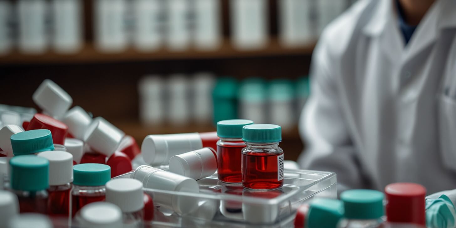  A scientist in a lab coat examining a vial of hydroxychloroquine under a microscope, representing research on hydroxychloroquine usage