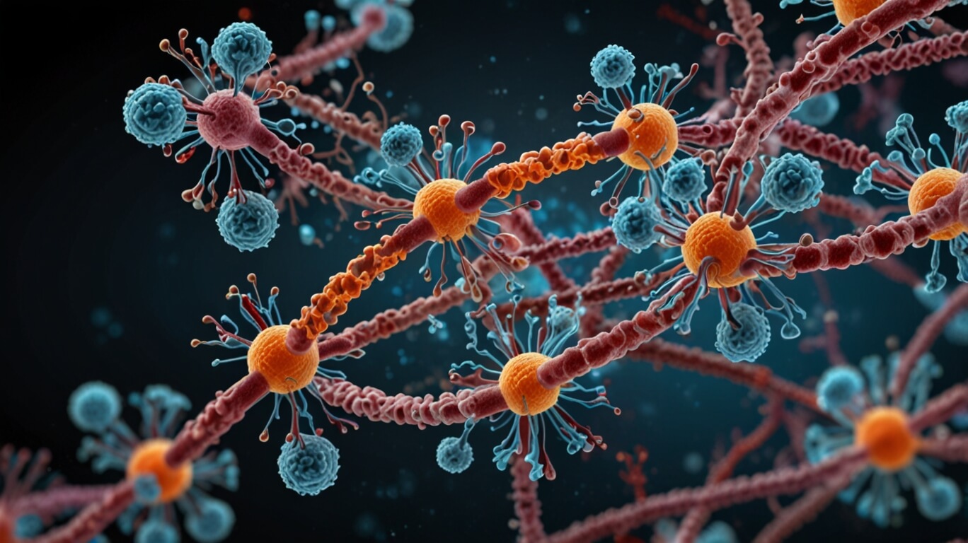 Illustration depicting the mechanisms of viral replication, including attachment to host cell receptors, entry through the cell membrane, release of viral RNA, replication using host cell machinery, assembly of new viral particles, and release of new virions to infect other cells.